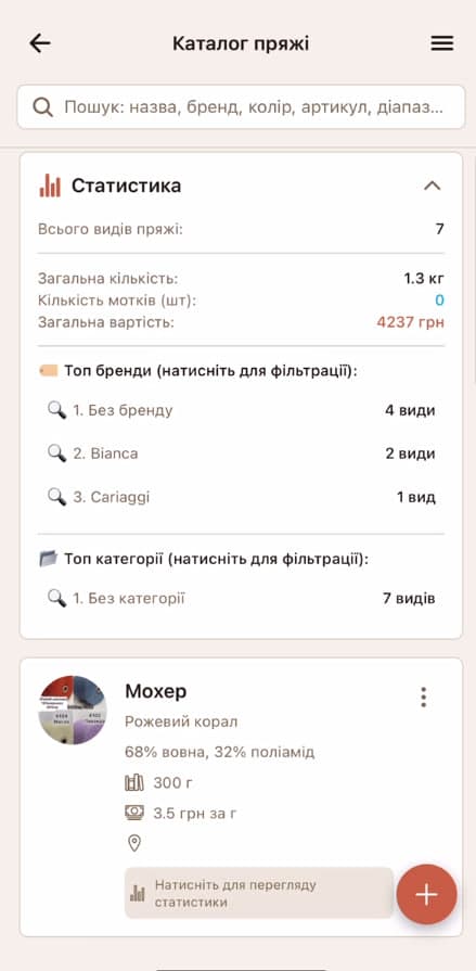 Каталог пряжі зі статистикою